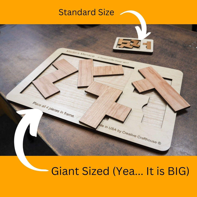 18" x 12" Giant Sized Wood Puzzle for Game Rooms | 4 Piece Wooden Brain Teaser | Perfect Man Cave Decor & Accessory | Jumbo Martin's Menace - Creative Crafthouse