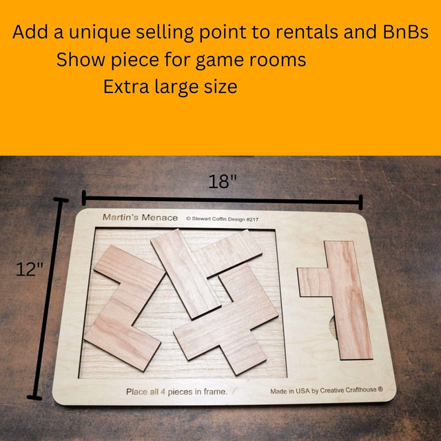 18" x 12" Giant Sized Wood Puzzle for Game Rooms | 4 Piece Wooden Brain Teaser | Perfect Man Cave Decor & Accessory | Jumbo Martin's Menace - Creative Crafthouse
