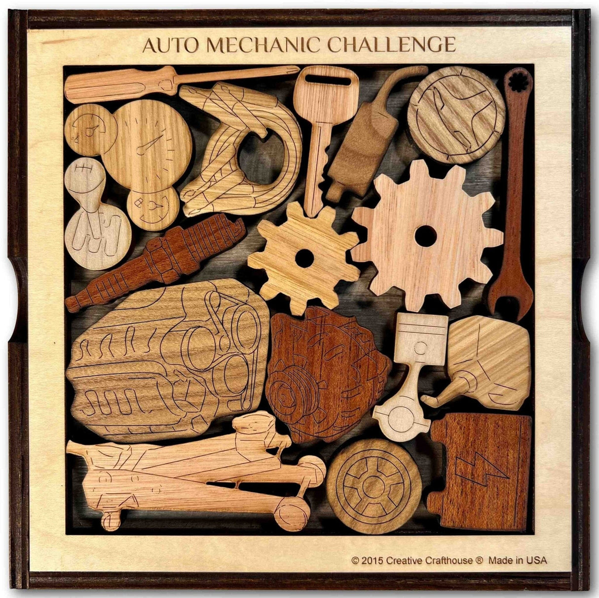 Gift for Auto Mechanic’s Challenge Wooden Puzzle - Unique 18 Piece Brain Teaser - Personalize with Laser Engraved Name - Gift idea for Him - Creative Crafthouse