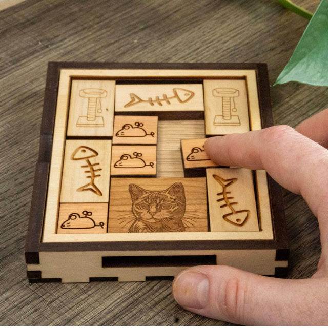 Gift for Cat Lovers – The Great Cat Escape Puzzle, Handmade Wooden Brain Teaser for Desk or Coffee Table - Creative Crafthouse
