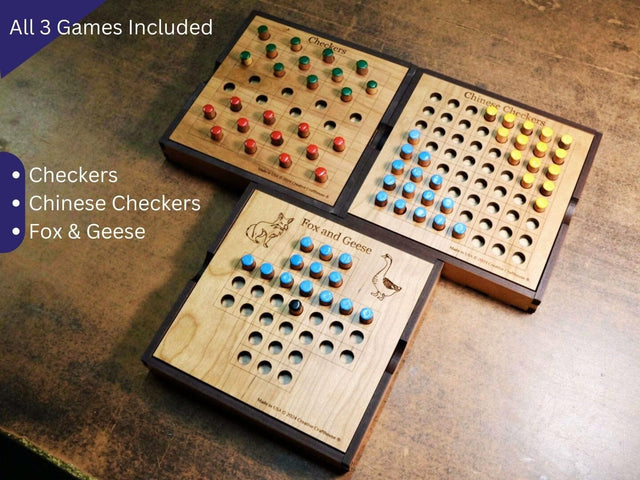Handcrafted Wooden Game Trio: Chinese Checkers, Fox & Geese, Checkers - Creative Crafthouse