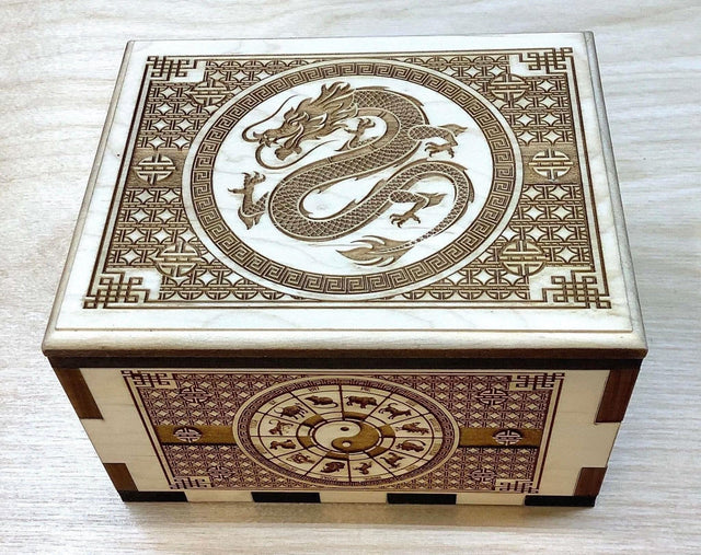 Hurricane Puzzle Box - Maple With Dragon Artwork - Creative Crafthouse