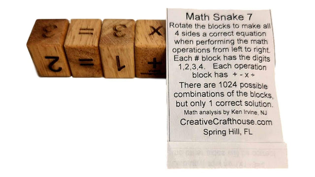 Math Snake 7 with its instruction card: rotate the blocks so all 4 sides read a correct equation