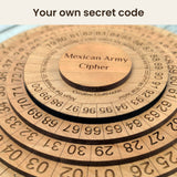 Close angled photo of the Mexican Army Cipher Wheel center cap and inner number disks, cherry veneer, laser engraved