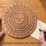 Overhead view of the Mexican Army Cipher Wheel on an oak desk while an adult hand writes number groups on notepaper