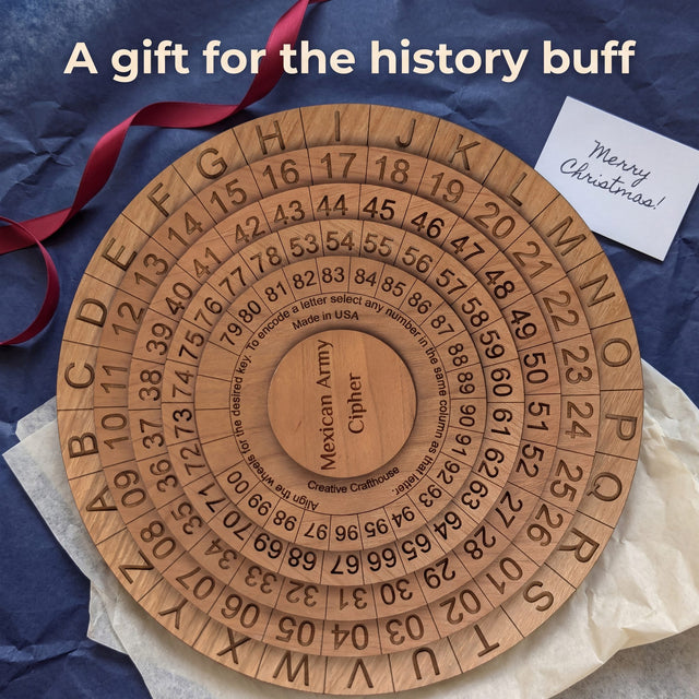 Opened Christmas gift: Mexican Army Cipher Wheel on navy wrapping and cream tissue with a red ribbon and a Merry Christmas card