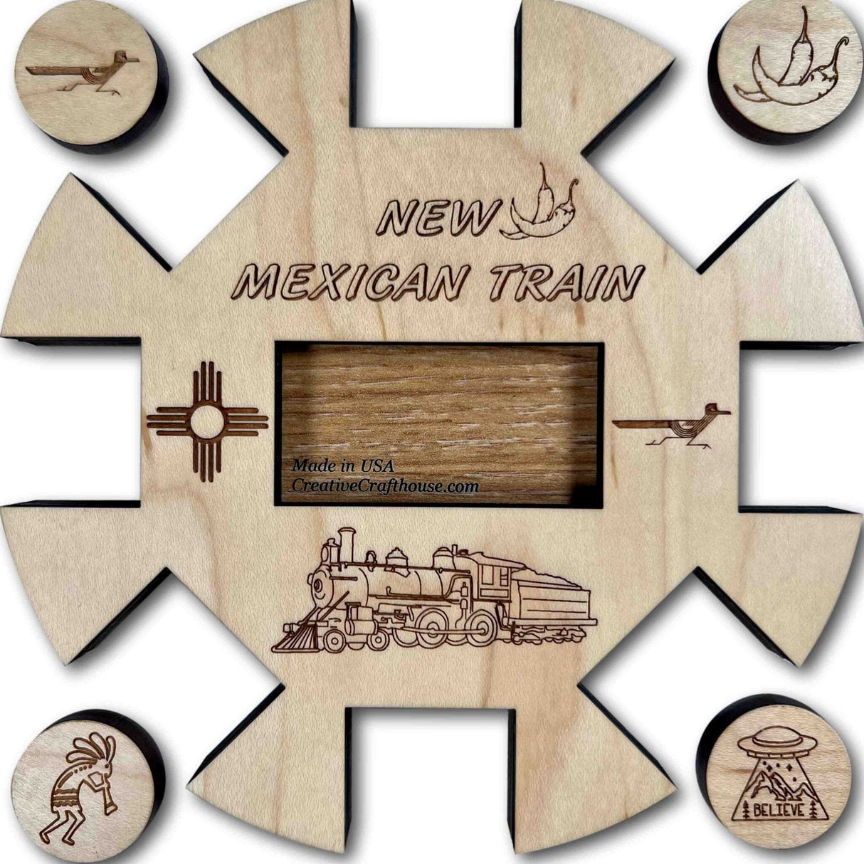 Mexican Train New Mexico Edition Hub and Tokens Wooden Domino Game - Family Game - Creative Crafthouse