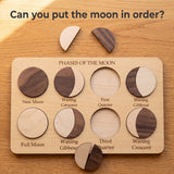 Moon Phases Puzzle board with two phases removed and their pieces beside it, ready to put in order. Headline: Can you put the moon in order?