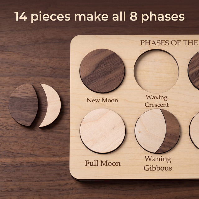 The two waxing crescent pieces lifted out beside the Moon Phases Puzzle board, showing how a phase builds from two pieces. Headline: 14 pieces make all 8 phases.