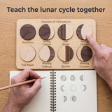Adult hands at the Moon Phases Puzzle board, one pointing to a phase while the other sketches the 8 phases in a notebook. Headline: Teach the lunar cycle together.