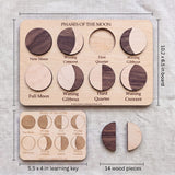 Moon Phases Puzzle contents: 10.2 x 6.5 inch board, 14 wood pieces and 5.5 x 4 inch learning key.