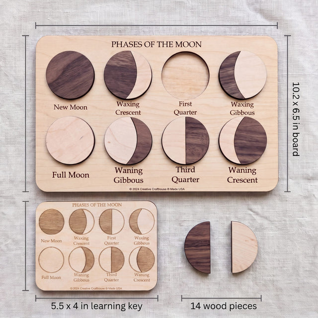 Moon Phases Puzzle contents: 10.2 x 6.5 inch board, 14 wood pieces and 5.5 x 4 inch learning key.