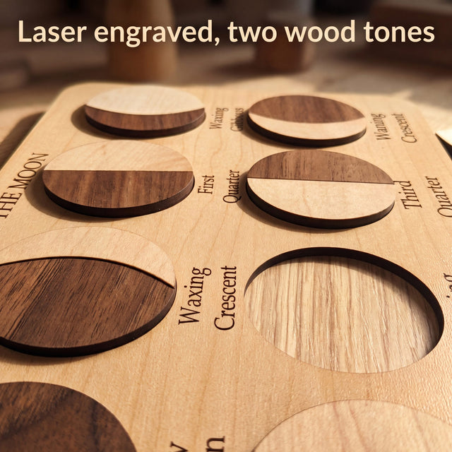 Close up of the laser engraved phase names and the two-tone maple and walnut MDF pieces on the Moon Phases board. Headline: Laser engraved, two wood tones.