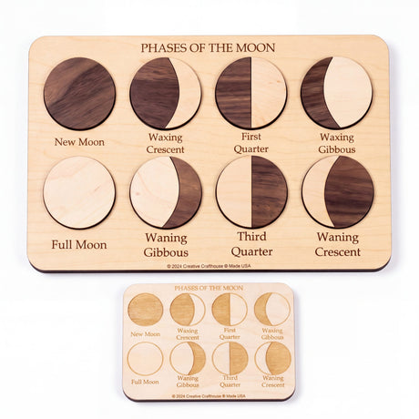 Creative Crafthouse Moon Phases Puzzle on white: engraved board with all 8 phases built from 14 two-tone wood pieces, and the engraved learning key.