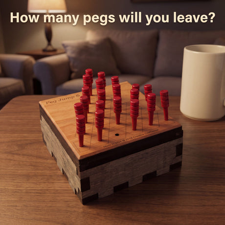 Peg Jump 6 at the start, 20 red pegs and one empty hole, on a walnut coffee table in lamplight. Headline: How many pegs will you leave?