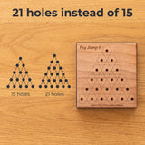 Empty Peg Jump 6 lid showing 21 holes in six rows beside dot diagrams of a 15-hole and a 21-hole triangle. Headline: 21 holes instead of 15.