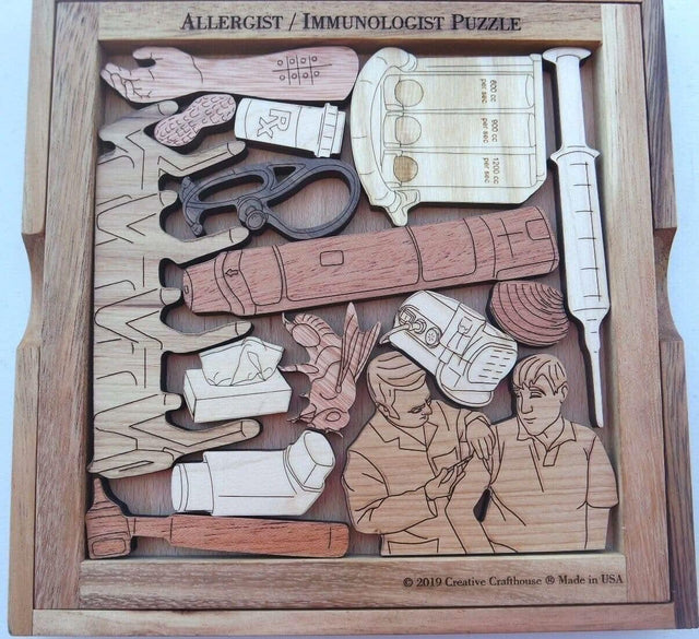 Handcrafted wooden allergist and immunologist puzzle with intricate laser-cut medical symbols, ideal as a personalized gift or office decor.