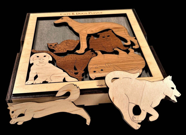 Personalized Gift for Dog & Cat Lovers - Customize With Laser Engraved Name and Message - Cats and Dogs Roundup Wood Puzzle - Handmade - Creative Crafthouse