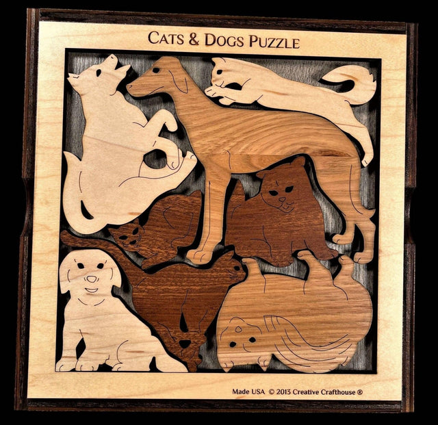 Personalized Gift for Dog & Cat Lovers - Customize With Laser Engraved Name and Message - Cats and Dogs Roundup Wood Puzzle - Handmade - Creative Crafthouse
