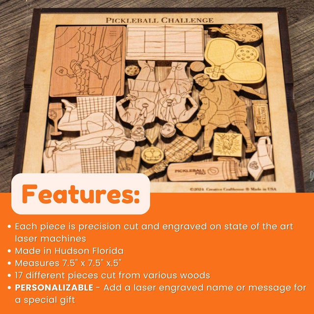 Personalized Pickleball Gift - Challenge Puzzle – 17 Piece Wooden Gift for Pickleball Lovers – Unique Holiday Pickleball Gift Idea 2024 - Creative Crafthouse