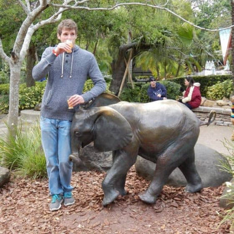 Pete Janelle, Creative Crafthouse co-owner, standing next to a bronze elephant statue in a Busch Gardens Tampa.