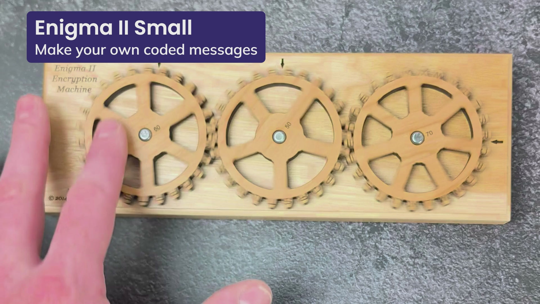 Enigma II Small cipher machine by Creative Crafthouse: the three laser-engraved alphabet gears are set to a keyword and turned to encode and decode a written message.