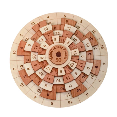 Safecracker 50 wooden math brain teaser by Creative Crafthouse, a Dave Janelle design in laser-cut maple and cherry with five rotating rings of engraved numbers around a SafeCracker Puzzle 50 hub, shot flat on white