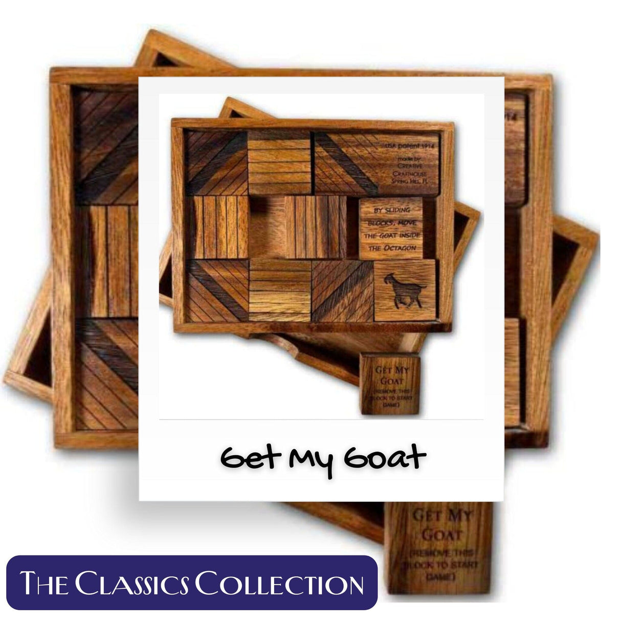 Sliding Puzzle - Get my Goat - Classic Wooden Puzzle - Popular Sliding Block Brain Teaser for Puzzle Lovers - Creative Crafthouse
