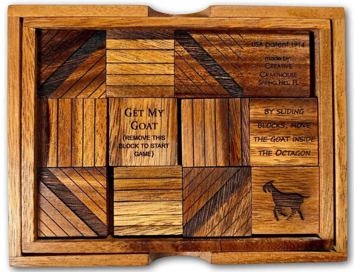 Sliding Puzzle - Get my Goat - Classic Wooden Puzzle - Popular Sliding Block Brain Teaser for Puzzle Lovers - Creative Crafthouse