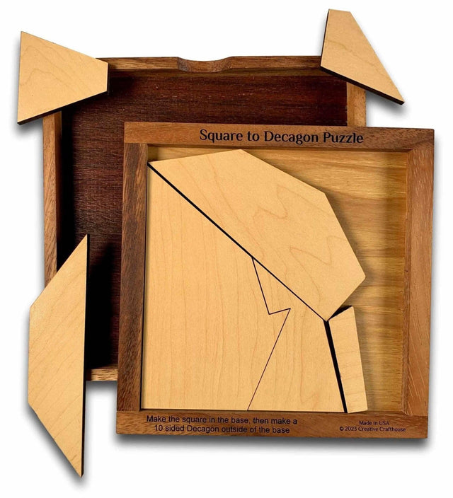 Tricky Wooden Brain Teaser Puzzle - Can You Turn a Square into a Decagon - Personalize Your Christmas Gift With a Laser Engraved Name - Creative Crafthouse