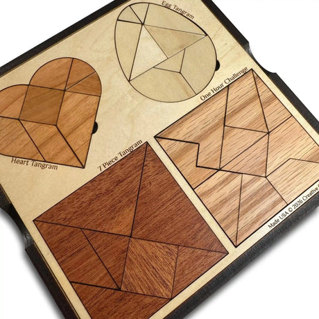 Tangram Challenge Plus Wooden Puzzle – 4 - in - 1 Brain Teaser Set with Classic Tangrams - Creative Crafthouse