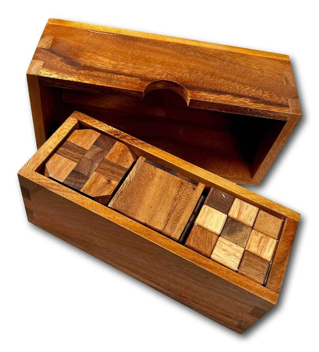Three Wood Puzzles Christmas Gift Set for Teens, Snake puzzle Cube, Diamond Cube, & Soma Cube Brain Teaser - Creative Crafthouse