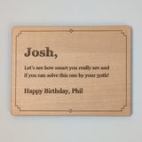 Wood Message Card by Creative Crafthouse, a 4 by 3 inch Baltic birch card laser engraved with an example 50th birthday message inside a thin border