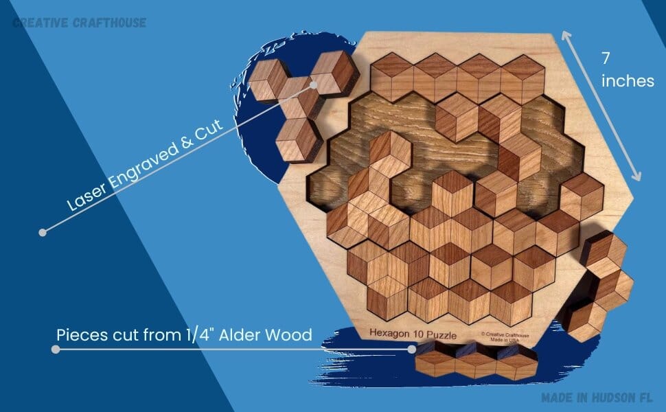 Wooden Puzzle Gift for Kids - Hexagon 10 Wooden Brain Teaser - 20 Different Solutions & 10 Different Puzzle Pieces | Creative Crafthouse - Creative Crafthouse