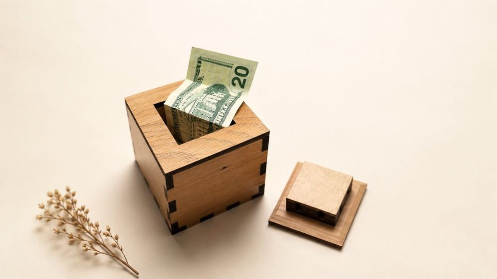 An open wooden puzzle box holding a twenty-dollar bill, with its lid and a dried sprig nearby