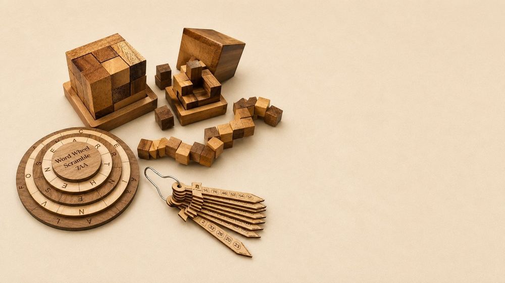 Soma cubes, a Snake Fidget, Word Wheel Scramble, and Swords of Truth keychain arranged on a cream surface