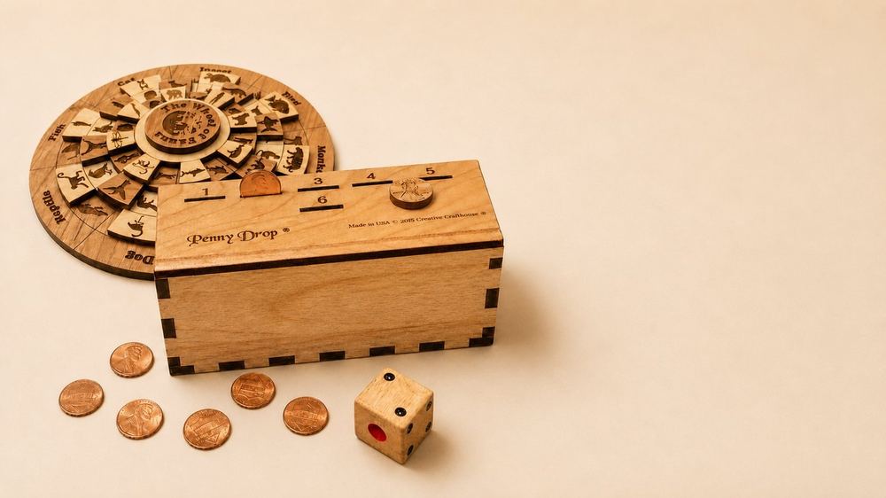 A Penny Drop wooden game box with a die and pennies, beside a Wheel of Fauna puzzle