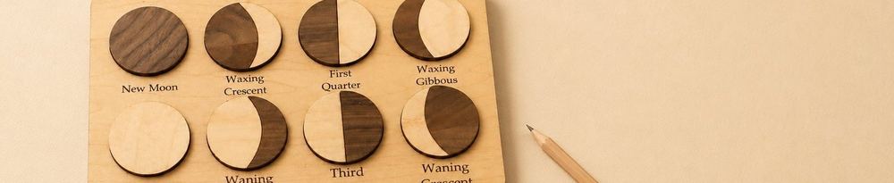 A wooden Moon Phases puzzle beside a pencil on a cream surface