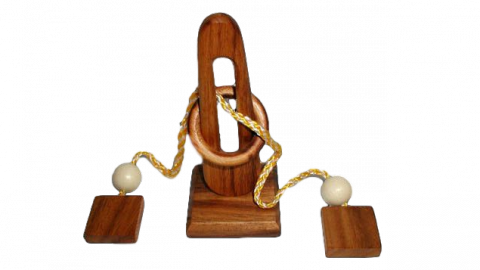 Wooden puzzle with metal ring and rope online